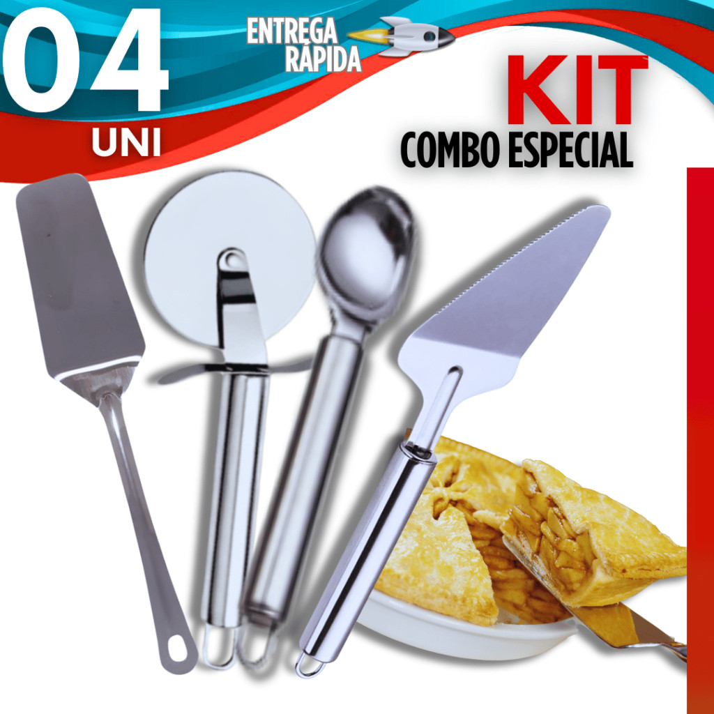 Espátula para Bolo + Espátula Reta + Colher Para Sorvete + Cortador de Pizza Aço Inox Premium Casa