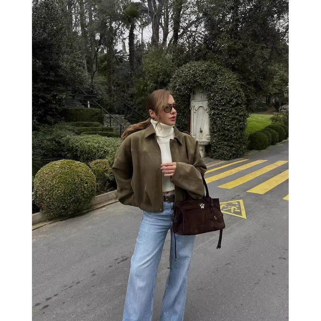 Jaqueta Bomber feminina estilo europeu americano com textura de camurça e novo estilo 4344155