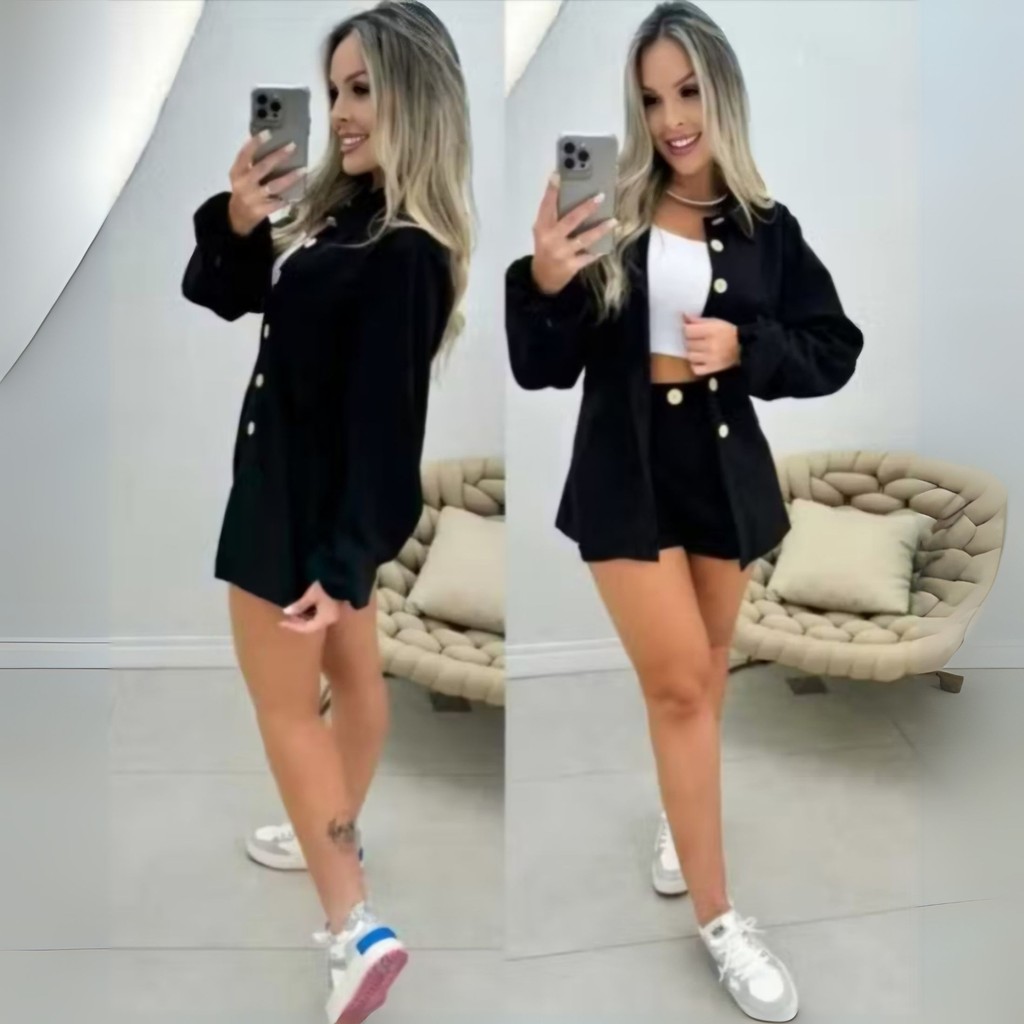 conjunto femenina camisa manga longa short em Oferta na Shopee