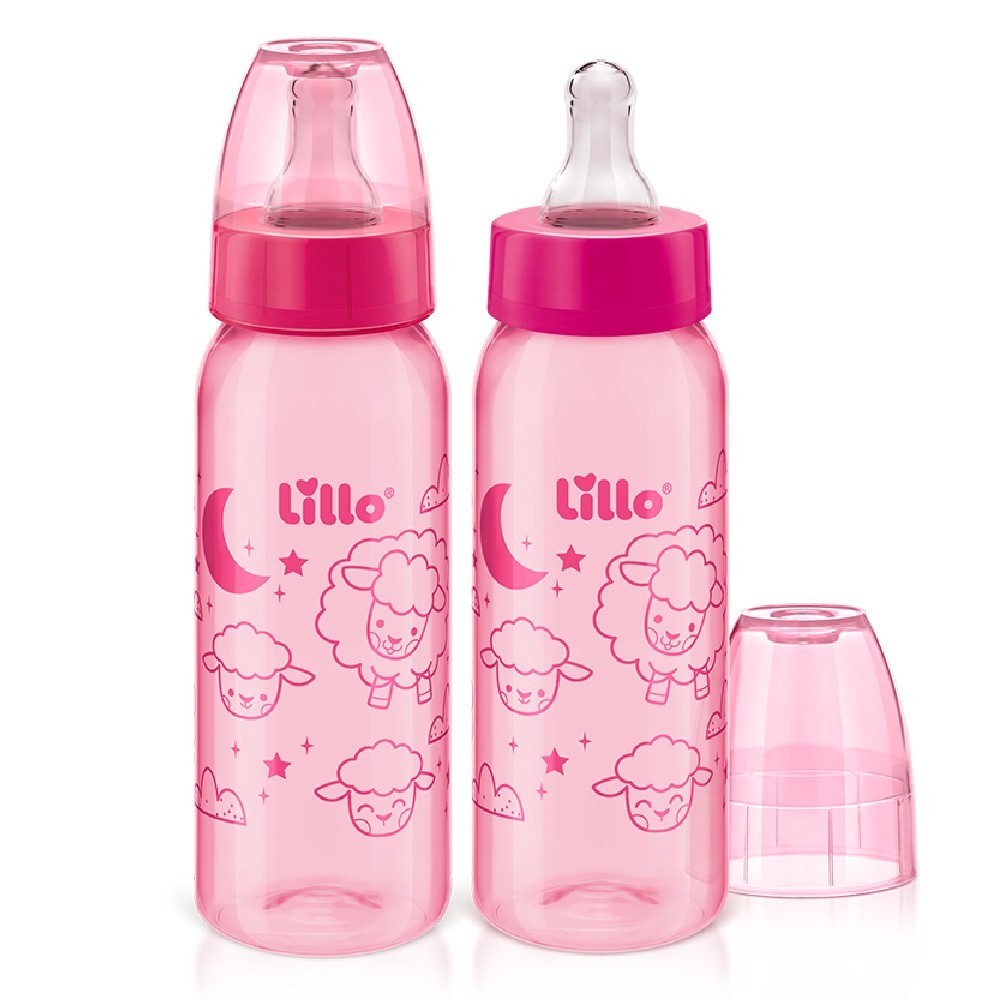 Kit com 2 Mamadeiras Divertidas 240ml Bico 6m+ Rosa - Lillo em Oferta na Shopee