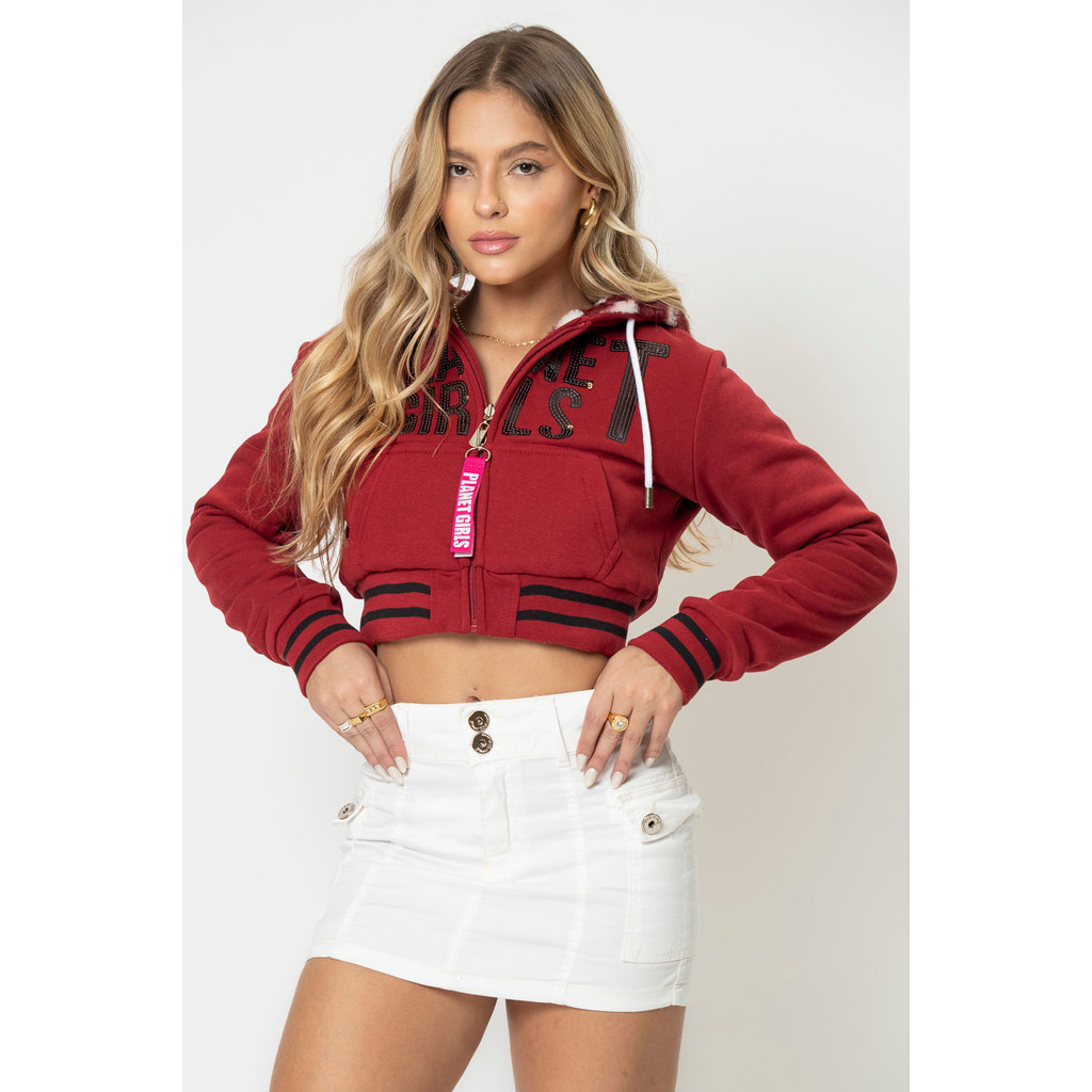 Moletom Cropped Dupla Face Com Relevo Planet Girls Vermelho Escuro - Women Clothes
