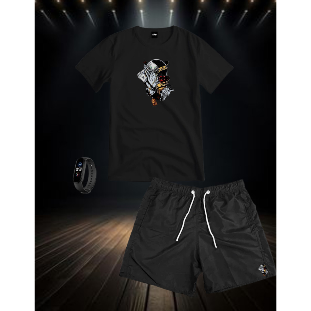 Conjunto Kit Masculino GRACIAS Camisa 100% Algodão + Bermuda Tactel Estampada + Relogio Digital