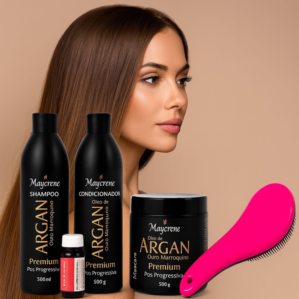 Kit Argan Capilar Pós Progressiva 5 itens Shampoo + Mascara + Condicionador + Ampola + Escova