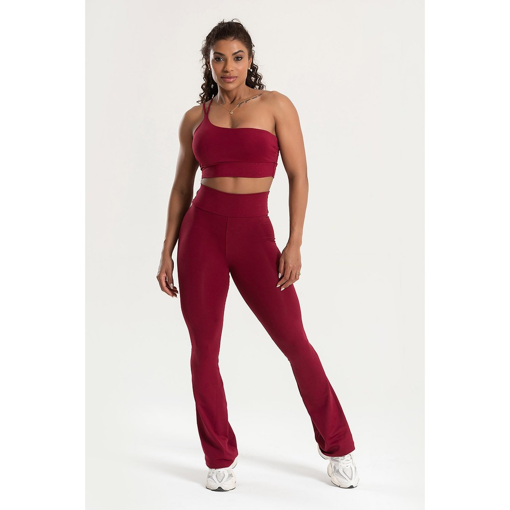 Conjunto Fitness Legging Flare e Top Ombro Único Bordô Vinho Cintura Alta Treino Crossfit Academia