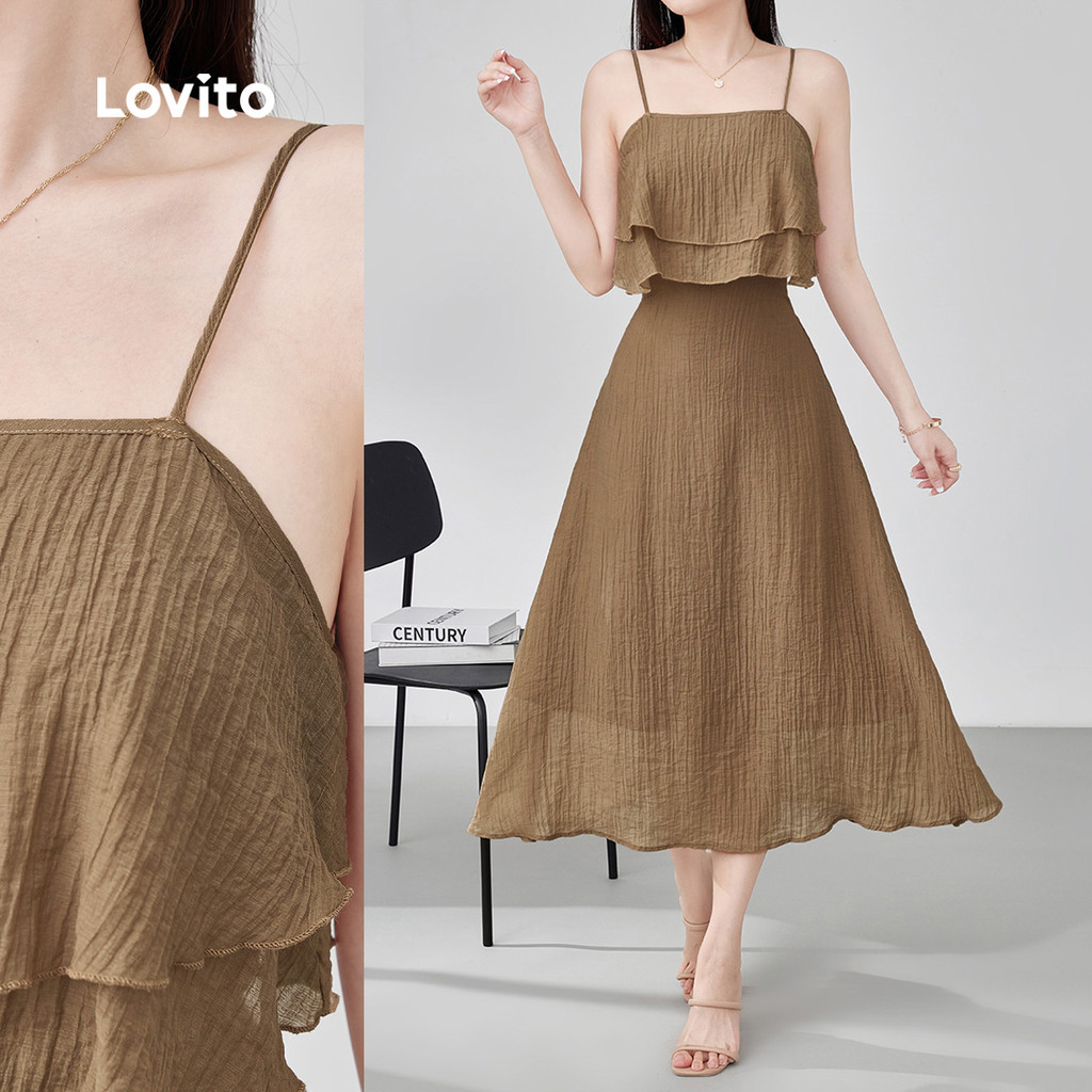 (New) Lovito Vestido Casual com Babado Barra de Babado Primavera/verão Calças Caqui para Mulheres L143ED128 em Oferta na Shopee