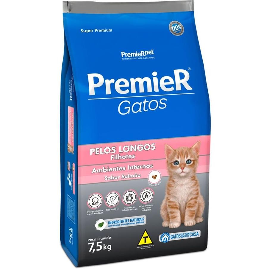Ração Seca Premier Gatos Ambientes Internos Salmão Para Gatos Filhotes Pelos Longos