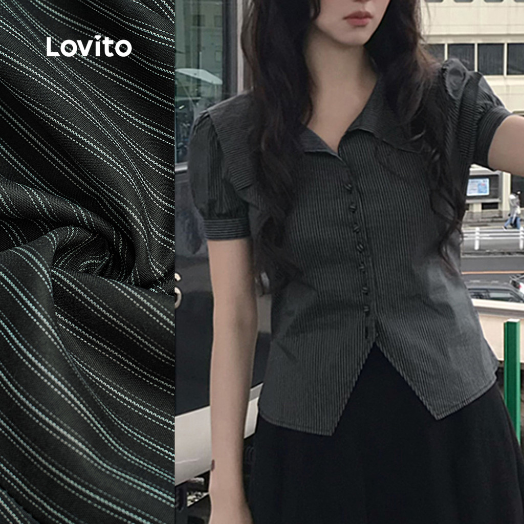Lovito Blusa Casual Listrada Com Botões Primavera/Verão Blusa Preta Para Mulheres L139AD251 em Oferta na Shopee