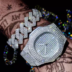 Relógio Masculino Iced Out Conjunto Relógio + Pulseira Cubana Zircônia Brilhante Estilo Hip Hop Quartzo
