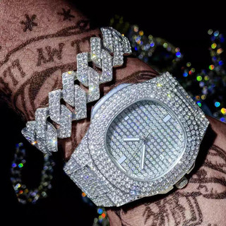 Relógio Masculino Iced Out Conjunto Relógio + Pulseira Cubana Zircônia Brilhante Estilo Hip Hop Quartzo