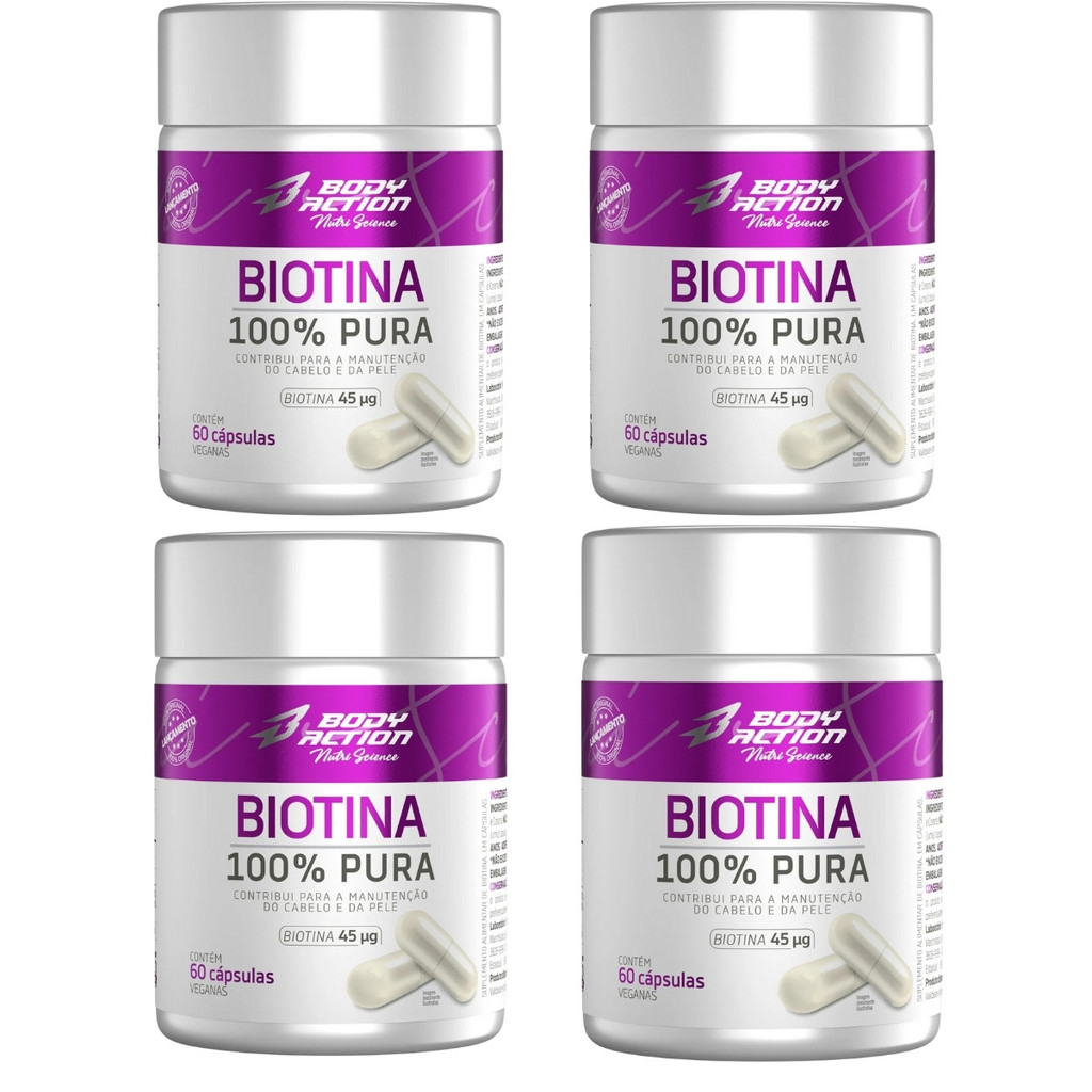 Kit 4x Biotina 100% Pura Pote 240 Cápsulas Bodyaction em Oferta na Shopee