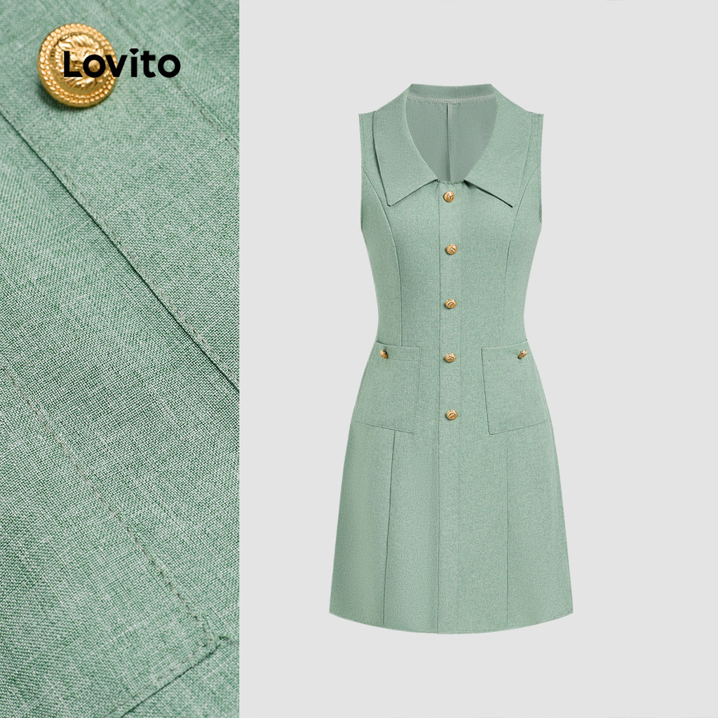 (New) Lovito Vestido Casual de Botão com Pregas para Primavera/verão Verde para mulheres L142ED664 em Oferta na Shopee