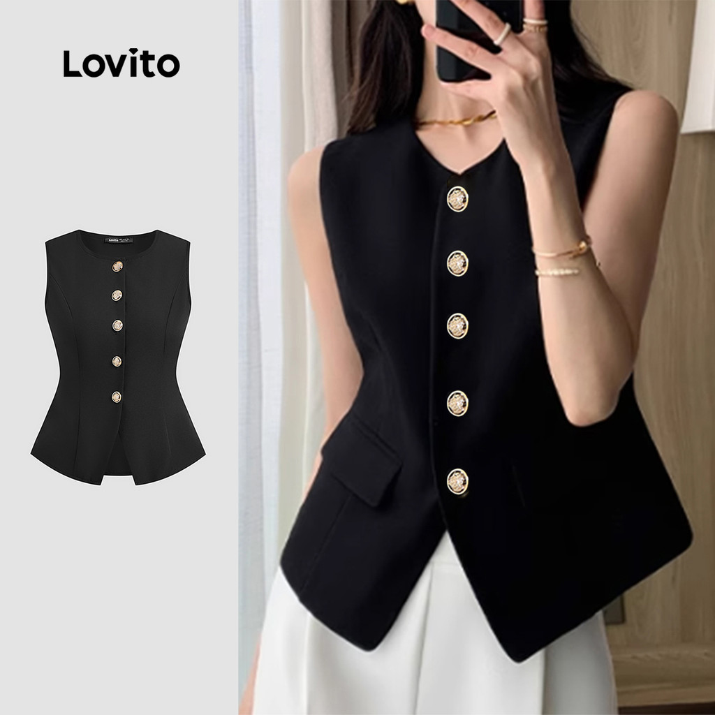 (New) Lovito Blusa Elegante Clássica e Versátil de Botões para Primavera/verão Preta para Mulheres L143ED018 em Oferta na Shopee