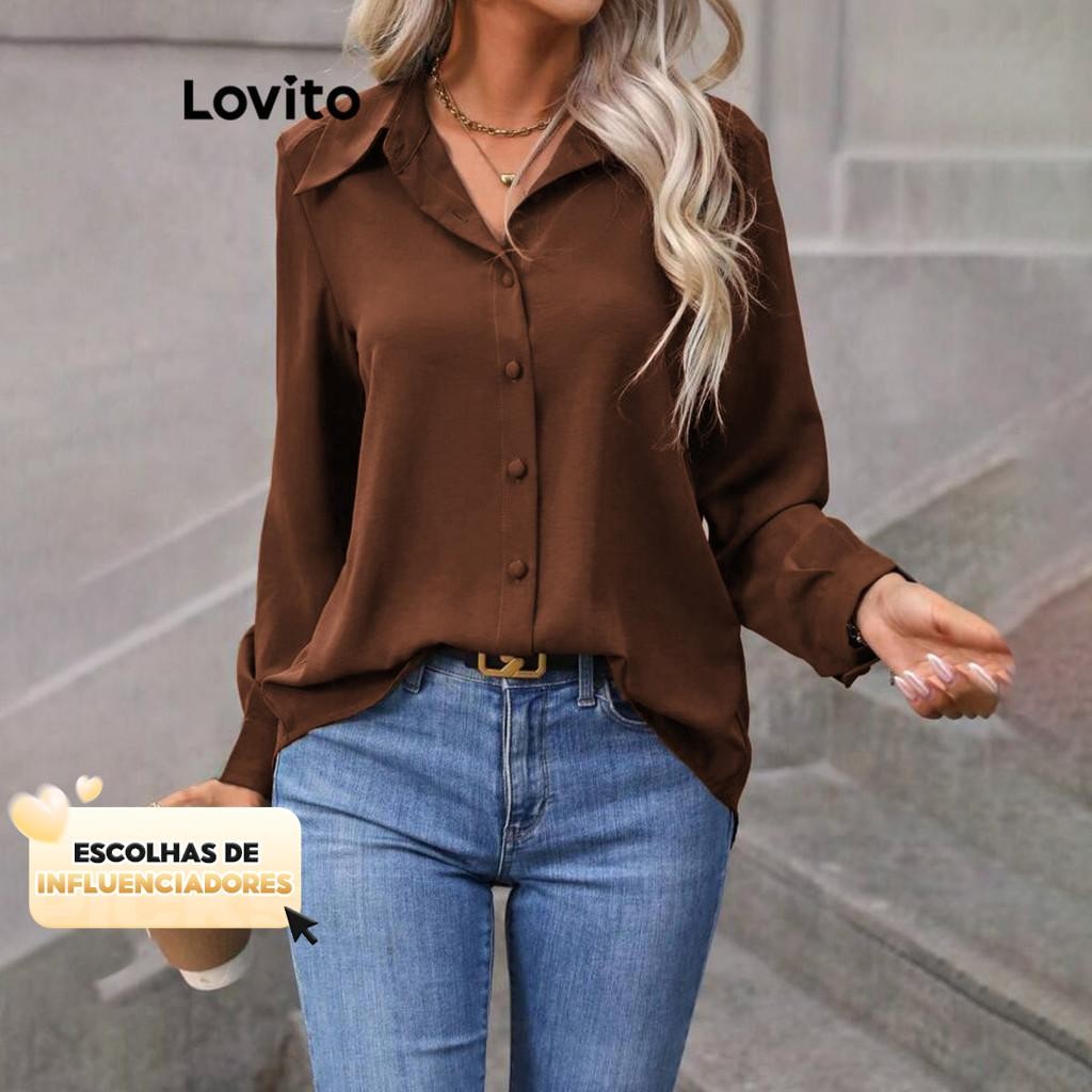 (KOL‘s pick) Lovito Blusa Casual Blusa Frontal Com Botão Liso Para Mulheres LNL298