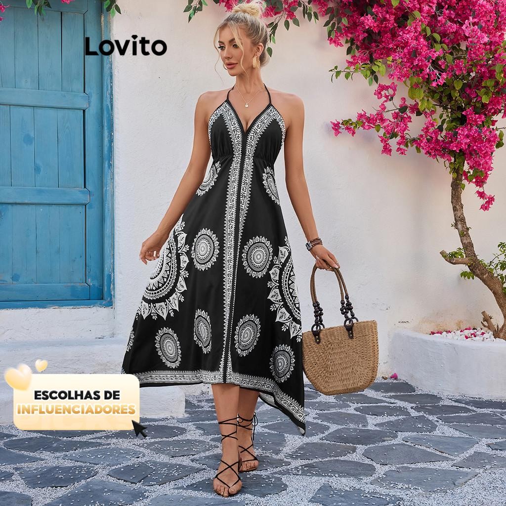 (KOL‘s pick) Lovito Vestido Boho Com Estampa Tribal E Amarração Nas Costas Sem Costas Para Mulheres LBL18742 em Oferta na Shopee