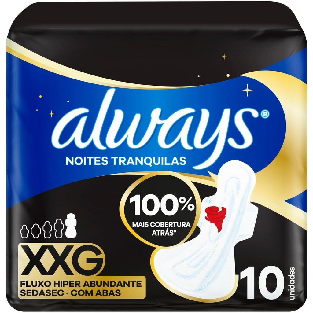 Absorvente Noturno Always Noites Tranquilas Cobertura Suave Hiper Longo Com Abas Com 10 Unidades em Oferta na Shopee
