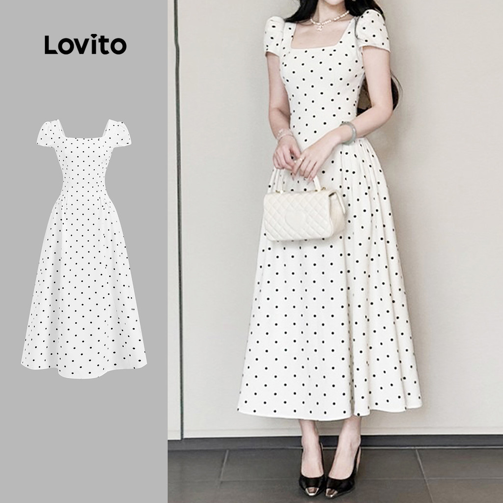 (New) Lovito Vestido Casual de Primavera/verão Drapeado Off White para mulheres L151AD015 em Oferta na Shopee