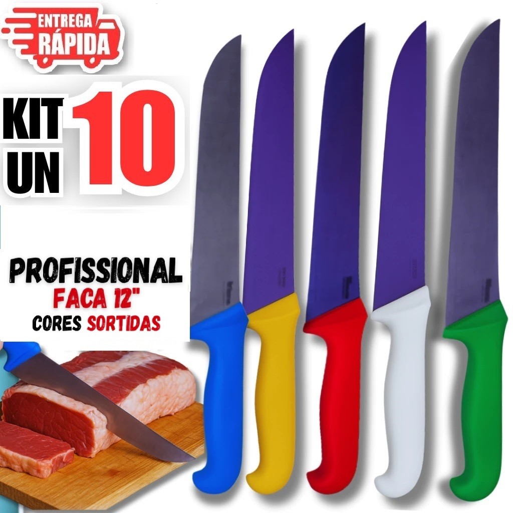 10 Peças Faca Cabo diversa cores 12" Aço Inox Açougueiro Profissional Churrasqueiro Açougue Cozinha