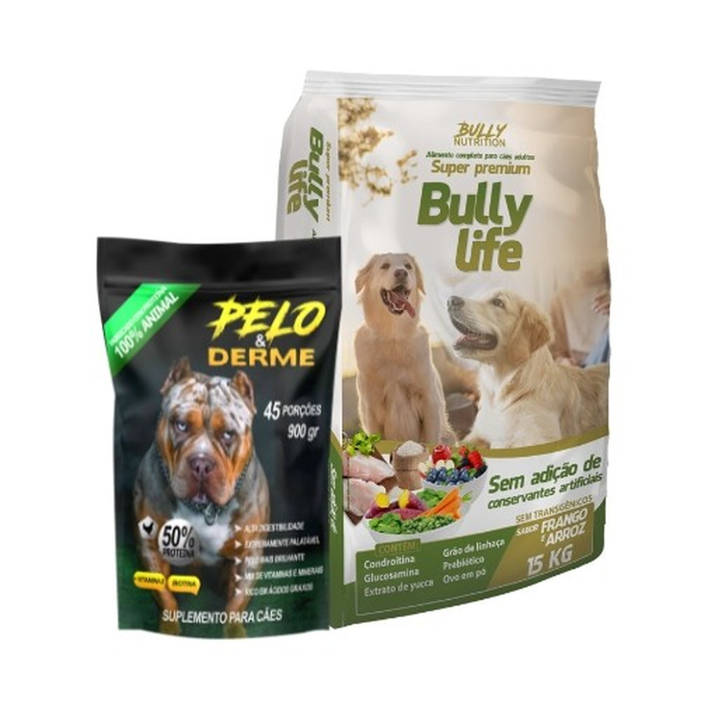 Ração Super Premium Bully Life 15kg + Suplemento Bully Pelo & Derme 900g + Moringa Dog 60g