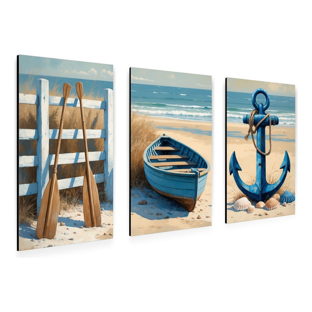 Quadros Decorativos Marítimo Trio Praia Barco Âncora Azul em Oferta na Shopee