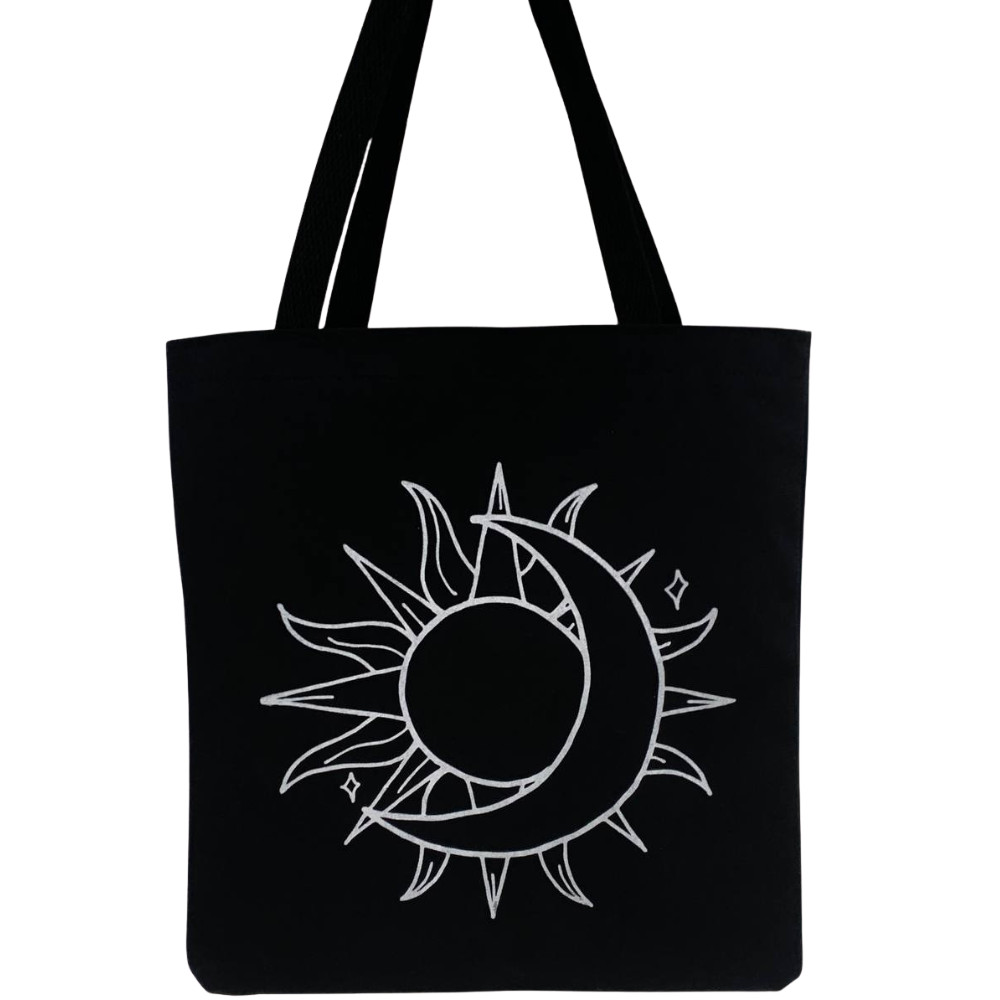 Bolsa Ecobag  100% algodão BLACK   Estampa Sol e Lua Boho Mística em Oferta na Shopee