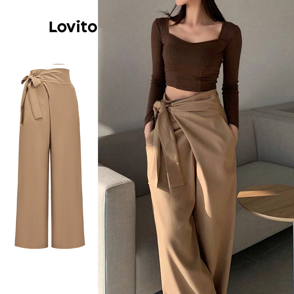 Lovito Calça Casual Lisa Com Cadarço Para Mulheres L91ED472