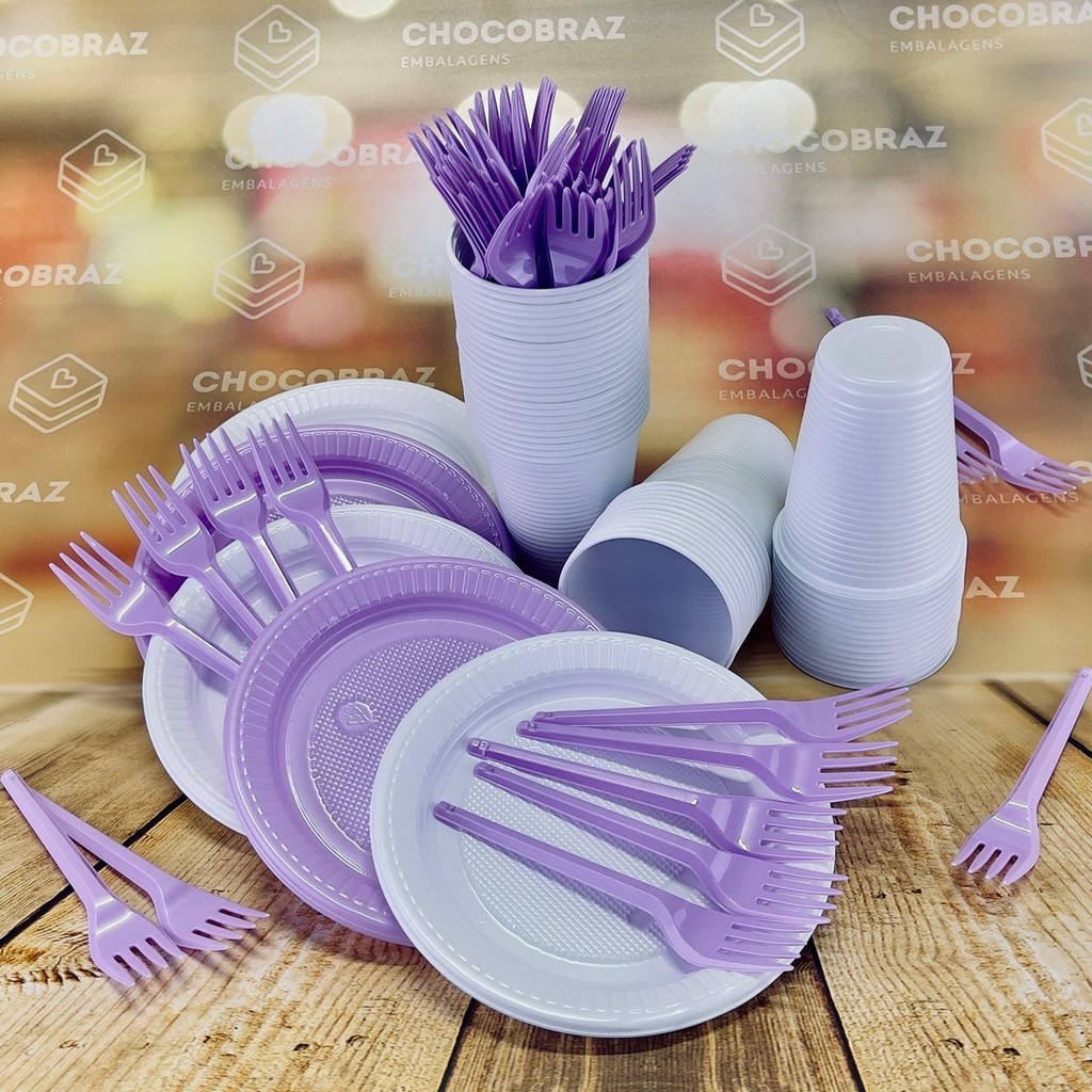 Kit Festa 50 PESSOAS DESCARTAVEIS LILÁS CANDY E BRANCO GARFO + PRATO + COPO em Oferta na Shopee
