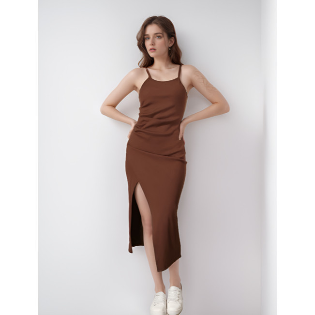 Novo Alça Liso Vestido Canelado Longo Casual Alça Fenda Lateral Moda Casual Feminina-L01