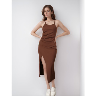 Novo Alça Liso Vestido Canelado Longo Casual Alça Fenda Lateral Moda Casual Feminina-L01