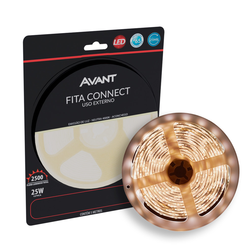 Fita Led Connect 5w 4000k Branco Neutro 5 Metros 127v Tensão Direta 60 Leds/m a prova dágua Cod: 148003036 Avant - Home & Living