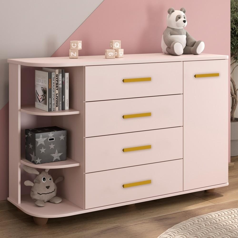 Cômoda Infantil com Cantoneira e 4 Gavetas 100% MDF New Lorena Rosê - Phoenix em Oferta na Shopee