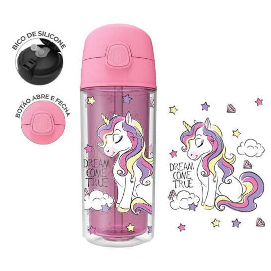 Garrafa Squeeze Termica 270ml Infantil Parede Dupla Canudo Silicone Agua Gelada Unicórnio