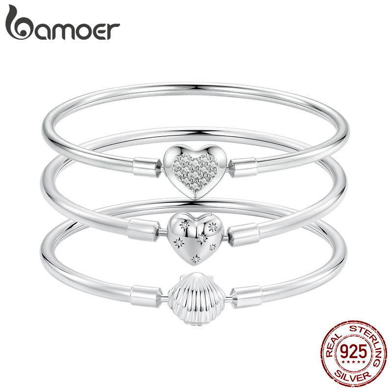 Bamoer Autêntico Pulseira De Prata 925 Sterling Charm Bracelet , Classic Heart/Shell Basic Bangle for Women Beads DIY Jewelry BSB192 em Oferta na Shopee