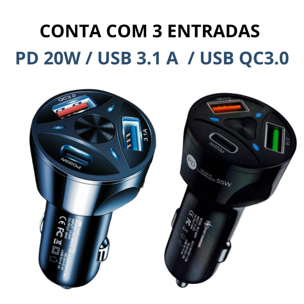 Carregador Turbo 15W Para Carro QUICK CHARGE POWER 3.O PD Com 3 Entrada Usb 3.0/3.1/tipo-c CARREGAMENTO ESTAVEL em Oferta na Shopee