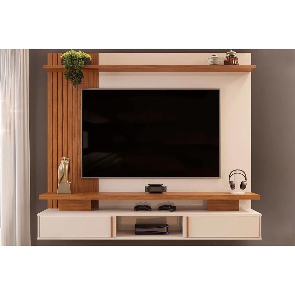 Painel Home p/TV até 65 Polegadas Leoni Ripado c/ Prateleira e Nichos 180x162cm Off White/Freijó - DJ Móveis em Oferta na Shopee