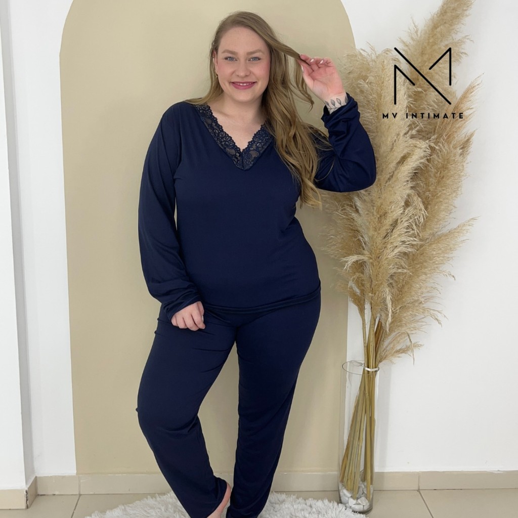 Pijama Longo PLUS SIZE Feminino Liso em Suede Gola V em Renda 680PS em Oferta na Shopee