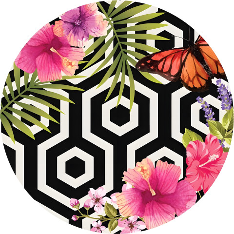 NOVO Painel Festa Infantil Redondo Fundo Geométrico Tropical Borboleta Laranja + Arco, Suporte incluso. Fazemos personalizado com qualquer tema. Confeccionado em Lona fosca, impressão de alta resolução. cenário , p/ Decoração