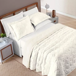 Kit Cobre Leito Colcha 3 Peças Casal\Queen\King Percal 300 Fios Dupla Face Com Detalhes 3D - Aveline