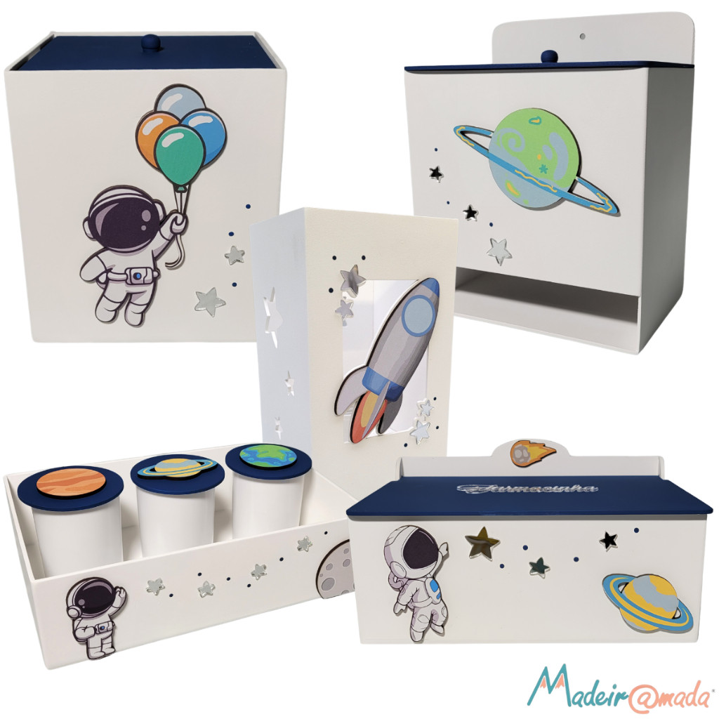 Kit higiene Mdf Astronauta Menino Decorção quarto bebê Menino azul