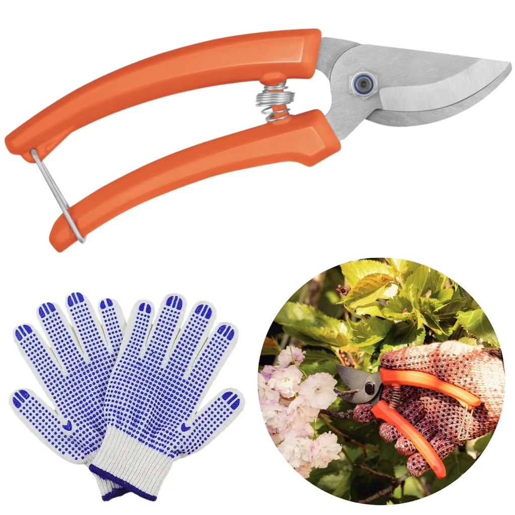 Kit Tesoura de Poda para Jardim com Lâmina Metálica Bypass e Luva Branca Pigmentada de Segurança EPI Trabalho