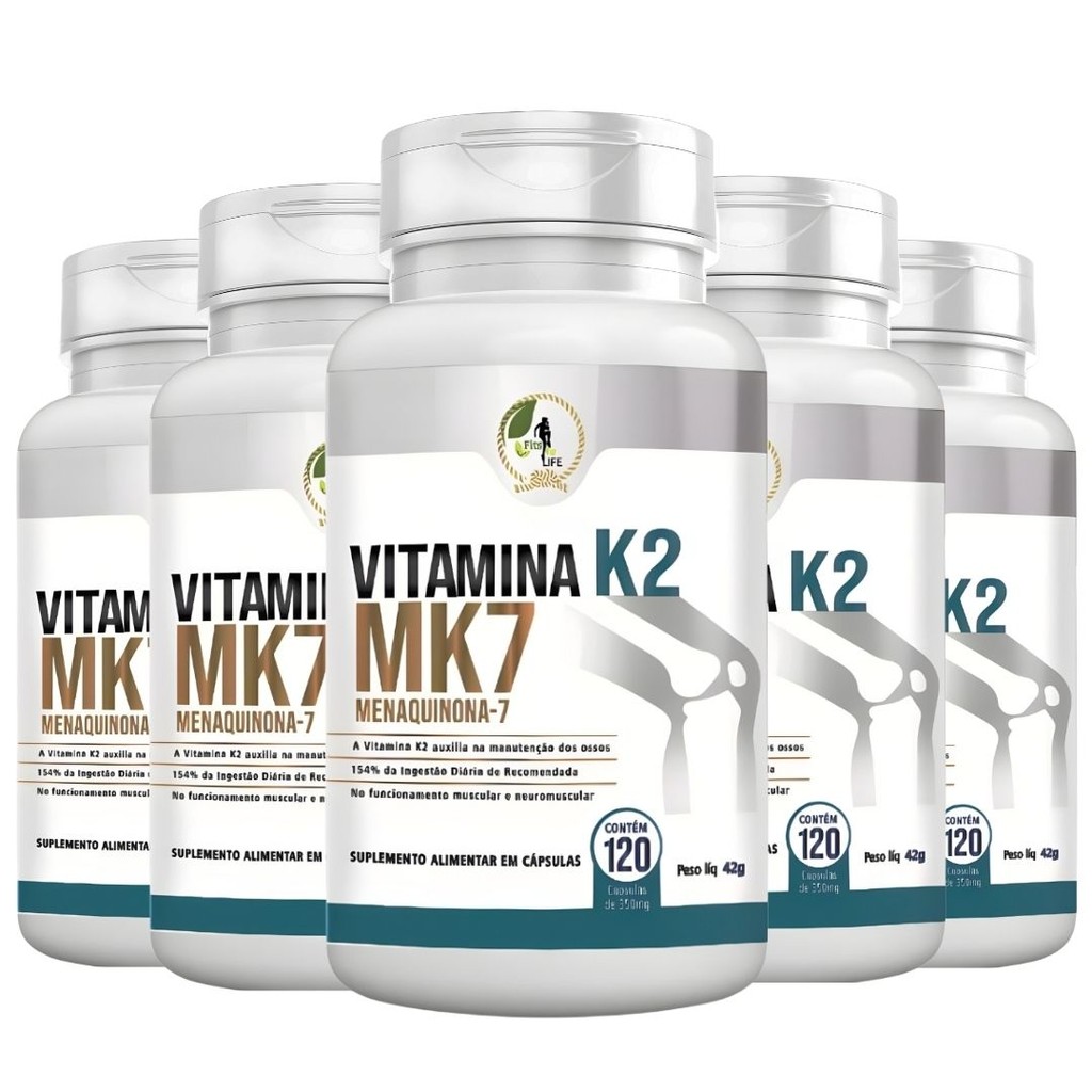 Kit C/5 Vitamina K2 Menaquinona 7 Mk7 - 120 Caps - Fits Life