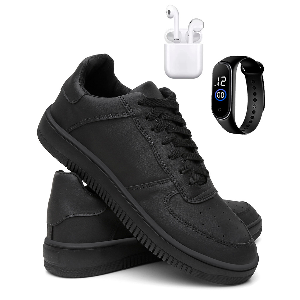 KIT Tênis Masculino Casual Urbano Preto e Branco Leve Confortável e Estiloso C Fone e Relógio