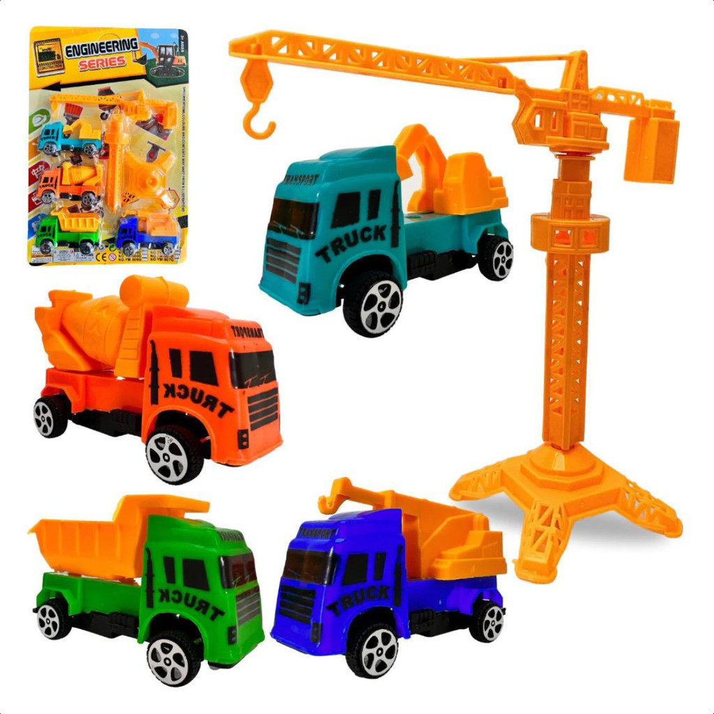 Conjunto 4 Carrinhos Construção Engenheiro Torre Guindaste Caminhão Coleção