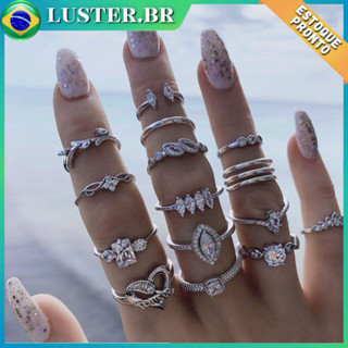 Conjunto de 15 anéis de prata com diamantes e folhas de amor boêmio, presente para festa em Oferta na Shopee