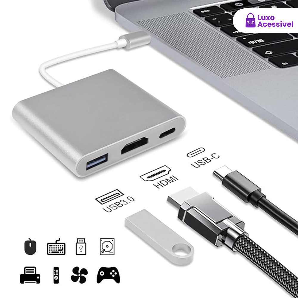 Conversor 4K 3 Em 1 Tipo C Para HDMI USB 3.0 Com Cabo De Dados Carregador Rápido De 12 W TV De Telefone De Alumínio