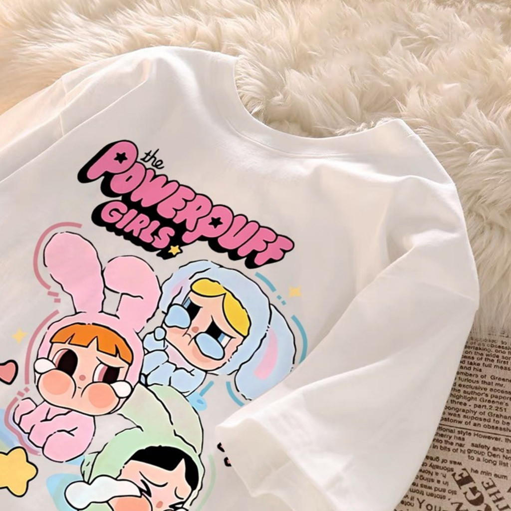 Camiseta meninas super poderosas,Korean retrô fofa Harajuku Kawwai Cute estampa oversized blusa feminina