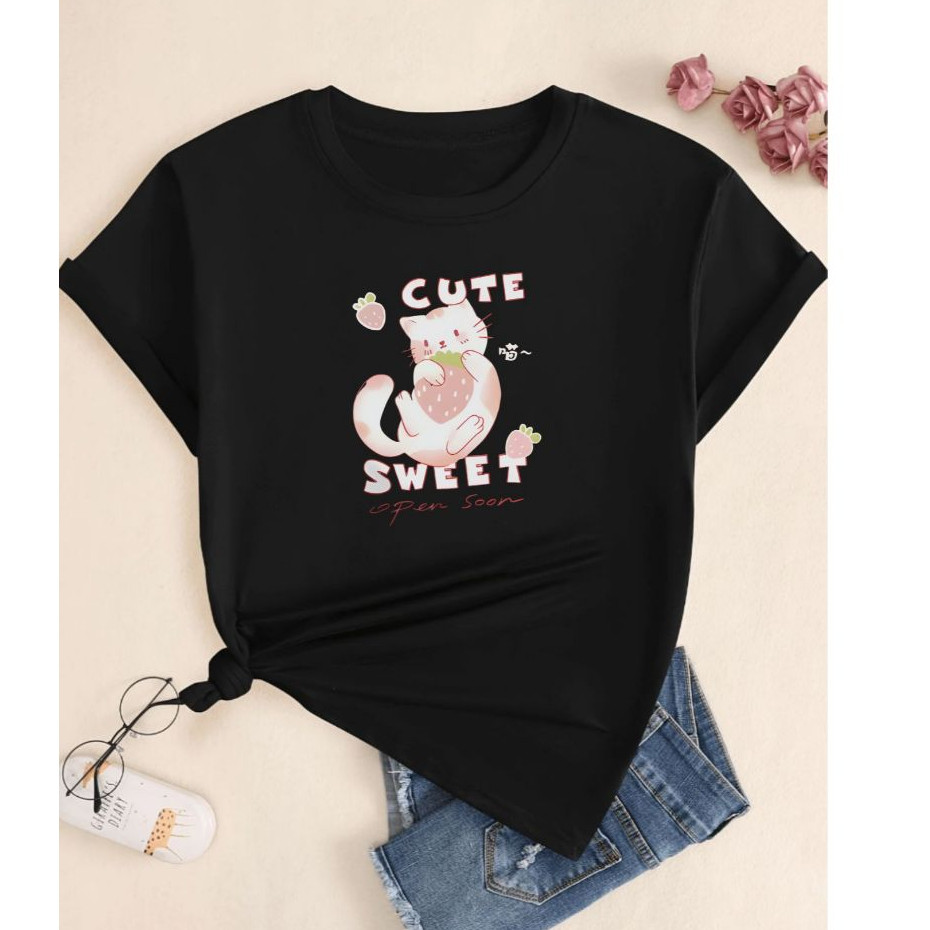 Camisa Camiseta Camiseta Gato Fofo E Morango Art Blusa Masculino  Feminino Básica Algodão T-shirt Algodão Envio Imediato