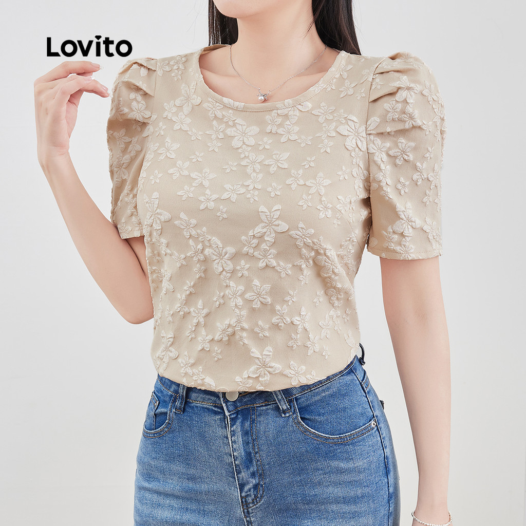 Lovito -  Blusa Elegante de Jacquard com Estrutura de Linhas Blusa Primavera/verão para Mulheres L137ED252 em Oferta na Shopee