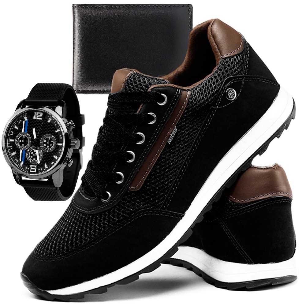 Kit Tenis Sapatenis Conforto Casual Com Carteira + Relógio