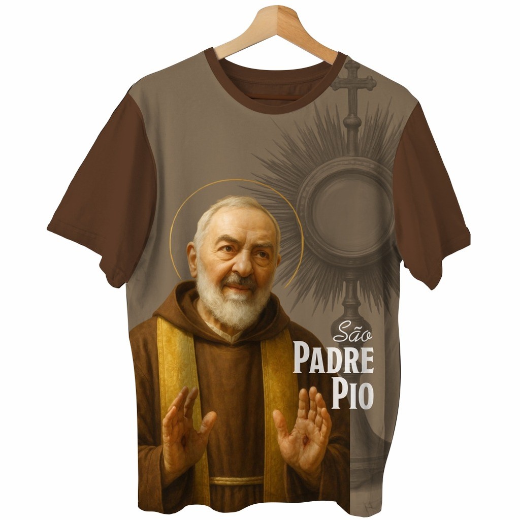 CAMISA SÃO PADRE PIO OSTENSÓRIO RELIGIOSA MARROM (02)