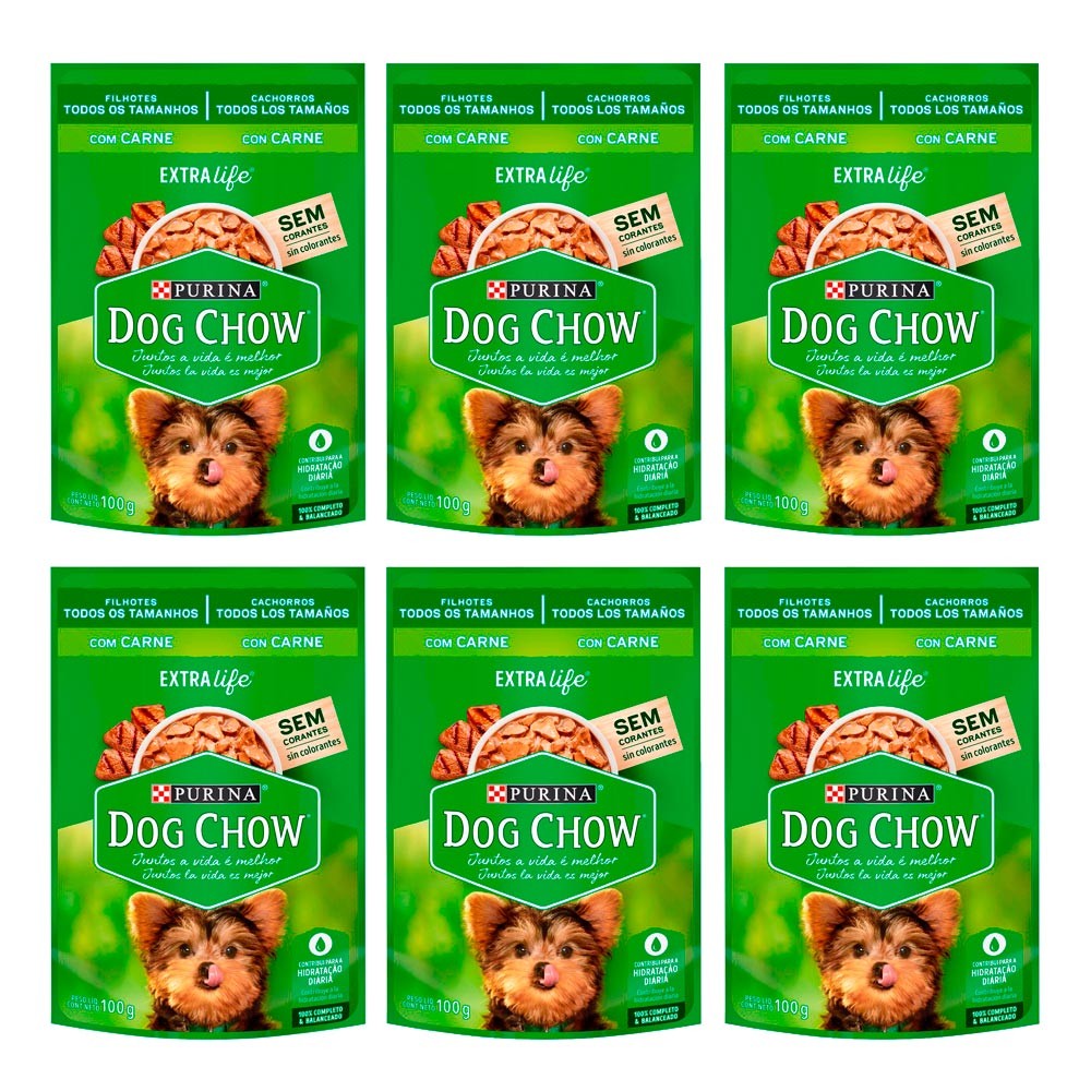 Kit 6 Ração Úmida para Cachorro Dog Chow Filhotes Extra Life Sabor Carne em Sachê 100g - Pets